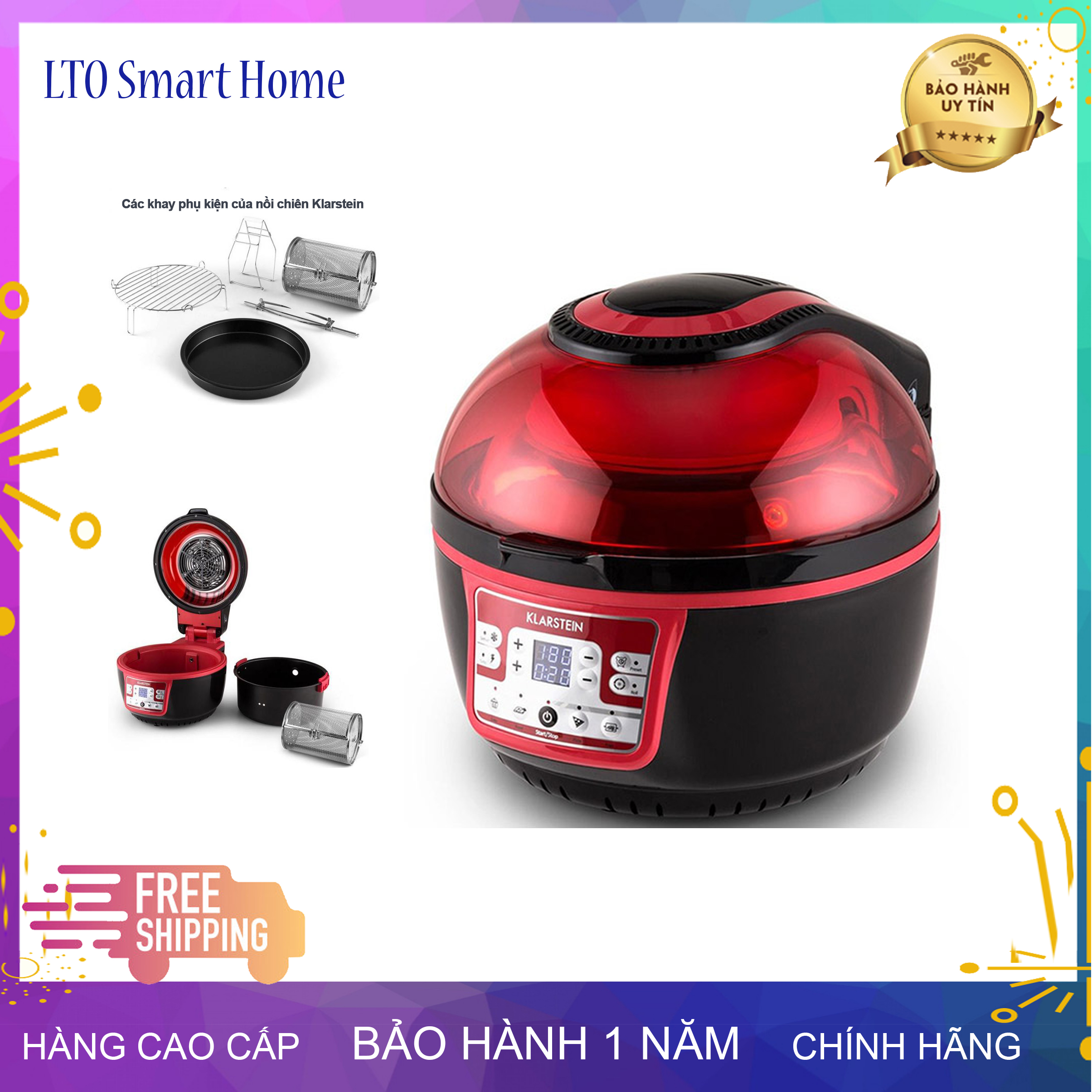 Nồi Chiên Không Dầu Klarstein Turbo 9L, Vỏ Nồi Bằng Nhựa, Chức Năng Nướng Turbo, Bảng Điều Khiển Trên Thân Nồi, Set Nhiệt 50 Tới 230 Độ Hẹn Giờ, Tự Tắt Và Mở Nắp Khi Xong, LTO Smart Home MS52