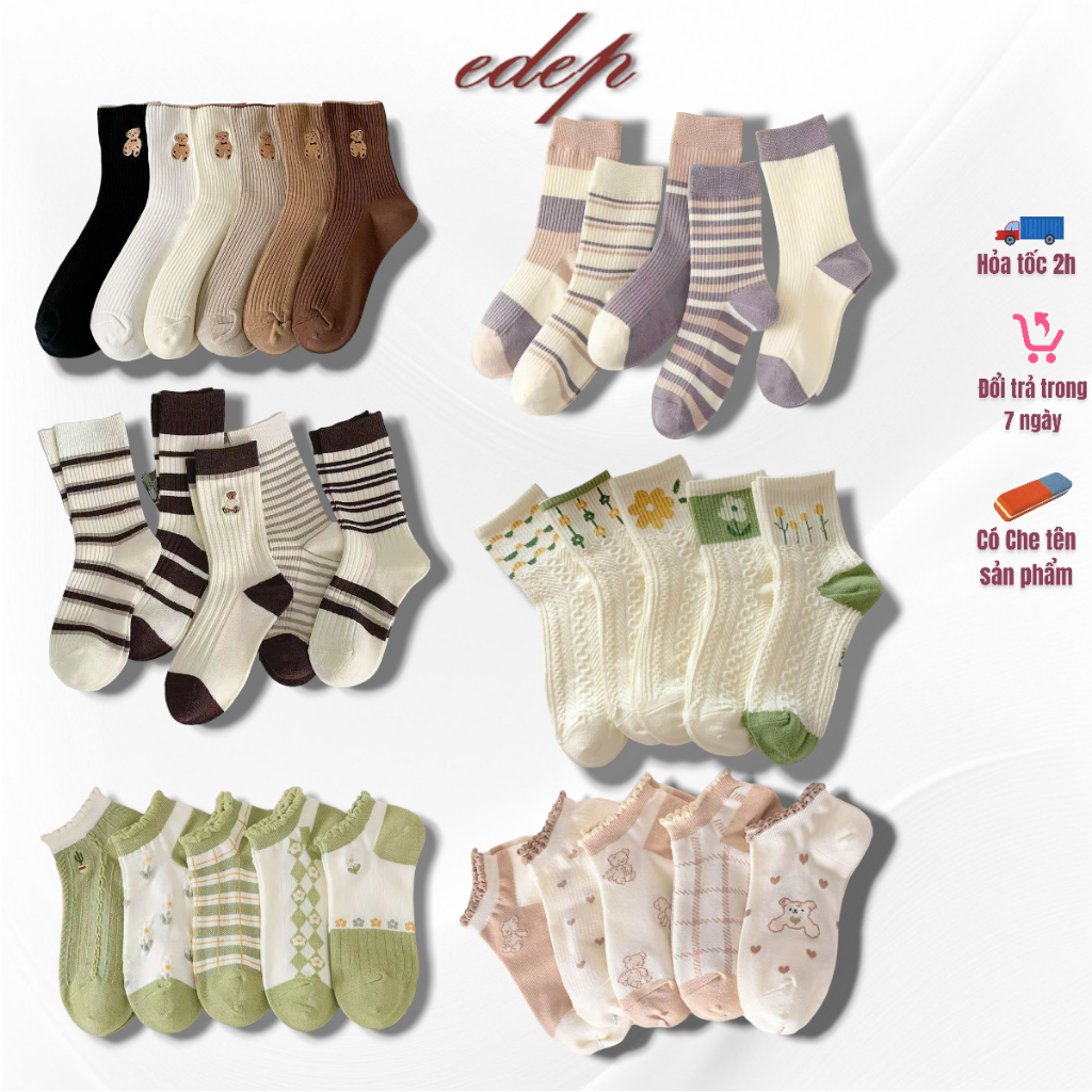 Sét 5 Đôi Tất Cổ Cao Siêu Đẹp Sang Chảnh Và Thời Trang Phong Cách Hàn Quốc.