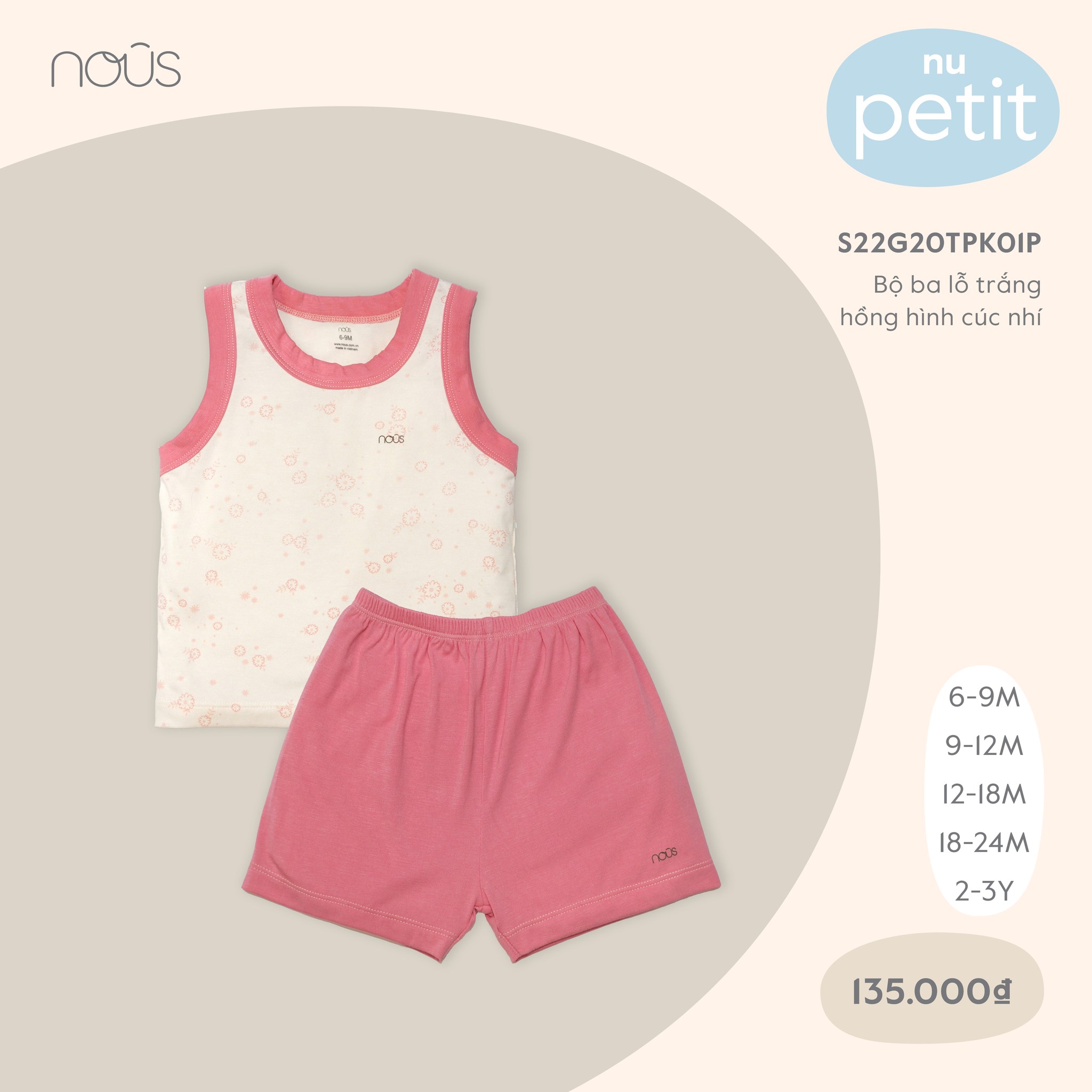 Bộ ba lỗ nous màu trắng hồng hình cúc và lá nhí chất liệu petit
