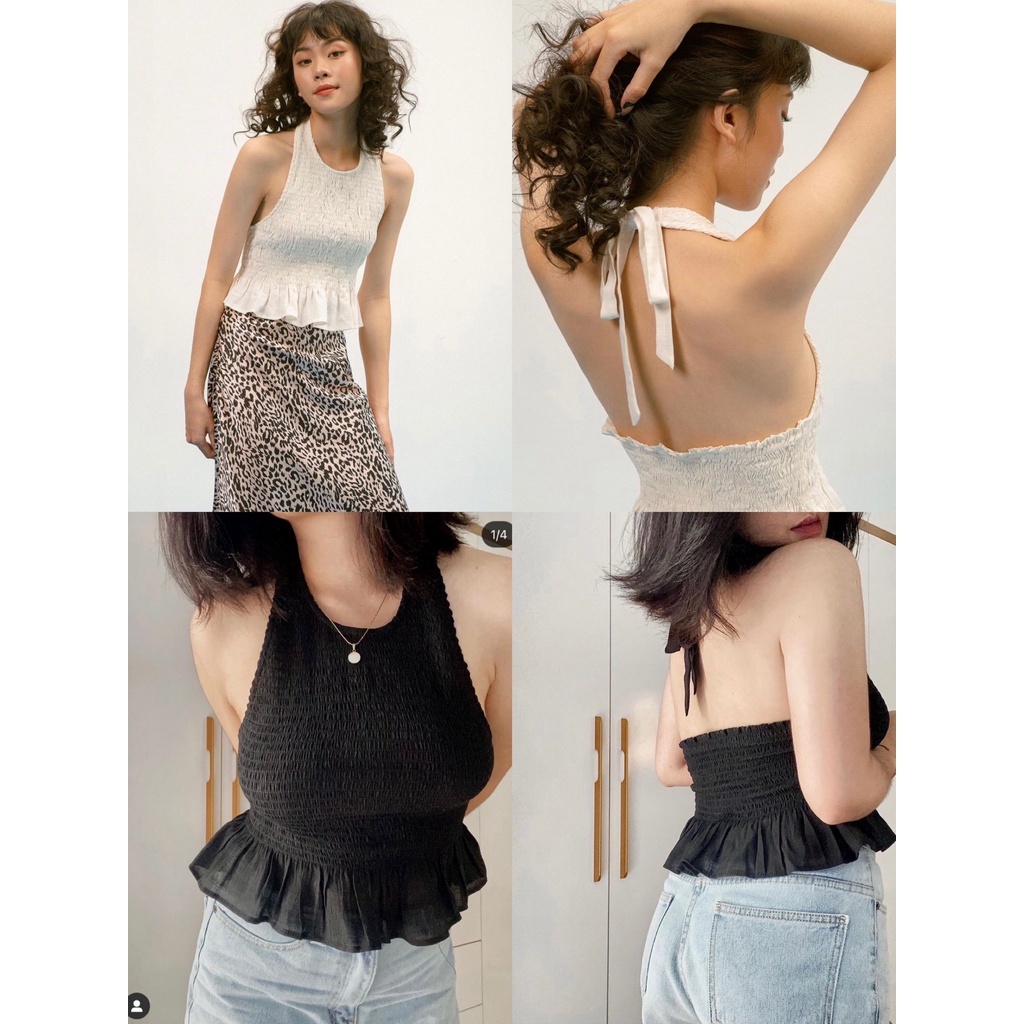 Áo yếm cột dây linen ha màu trắng đen - smoked linen top