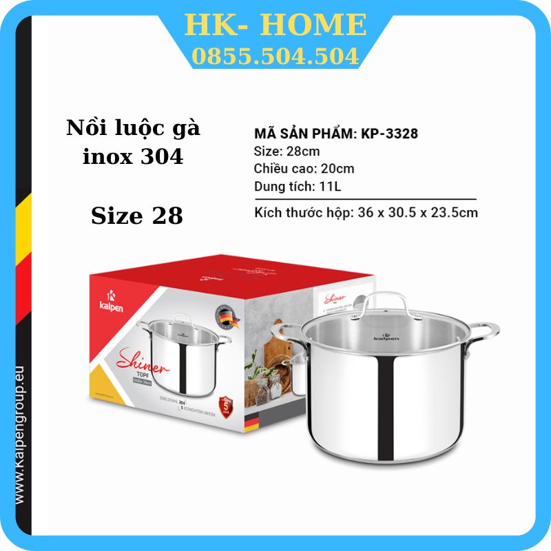 Nồi luộc gà inox 304 cao cấp 5 đáy Kalpen, Nồi luộc gà bếp từ Size 28
