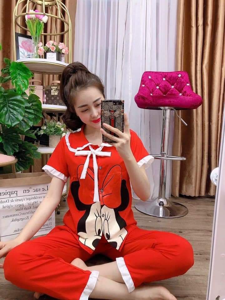 Đồ bộ pijama hoạ tiết hình mickey vải lụa mềm mịn freesize dưới 60kg
