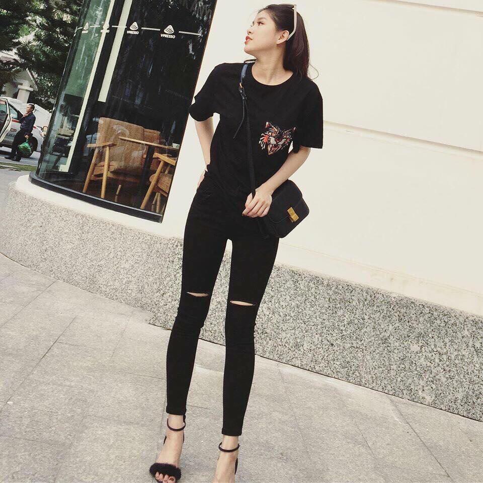 Quần jean nữ rách gồi màu đen ,quần bò skinny lưng cao co giãn rách ngang gối