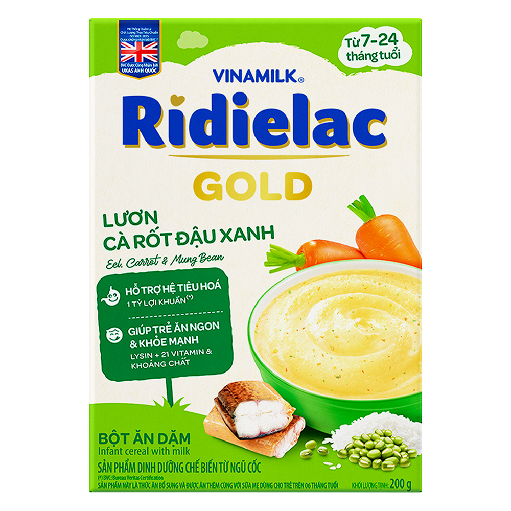Bột ăn dặm RIDIELAC GOLD Lươn cà rốt đậu xanh hộp giấy 200g