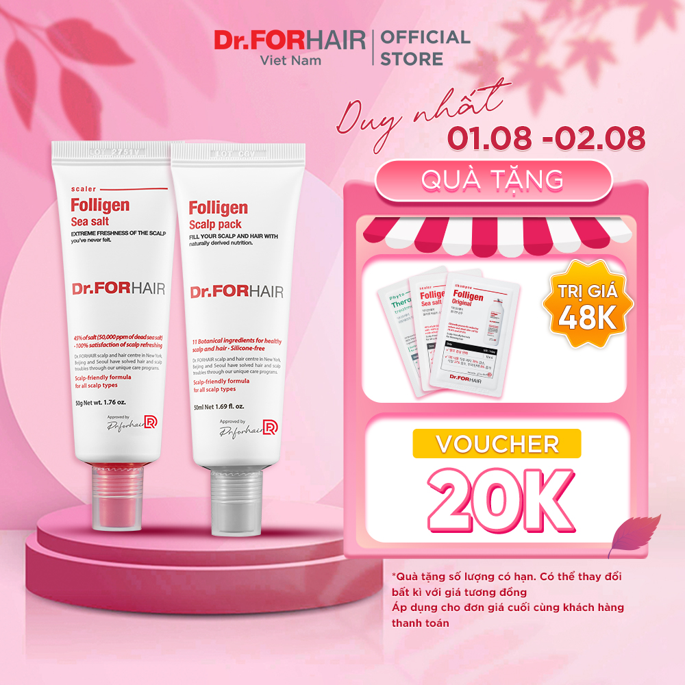 Combo muối tẩy tế bào chết da đầu Dr.FORHAIR Folligen Scalp Pack 50ml và