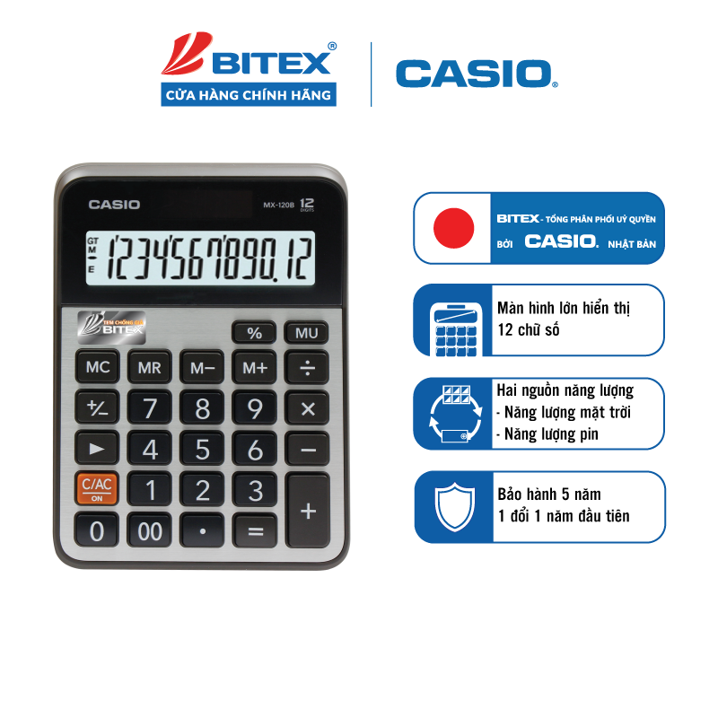 Máy tính CASIO MX-120B chính hãng, hiển thị 12 số, để bàn thông dụng nhỏ gọn tiện lợi tính toán chính xác