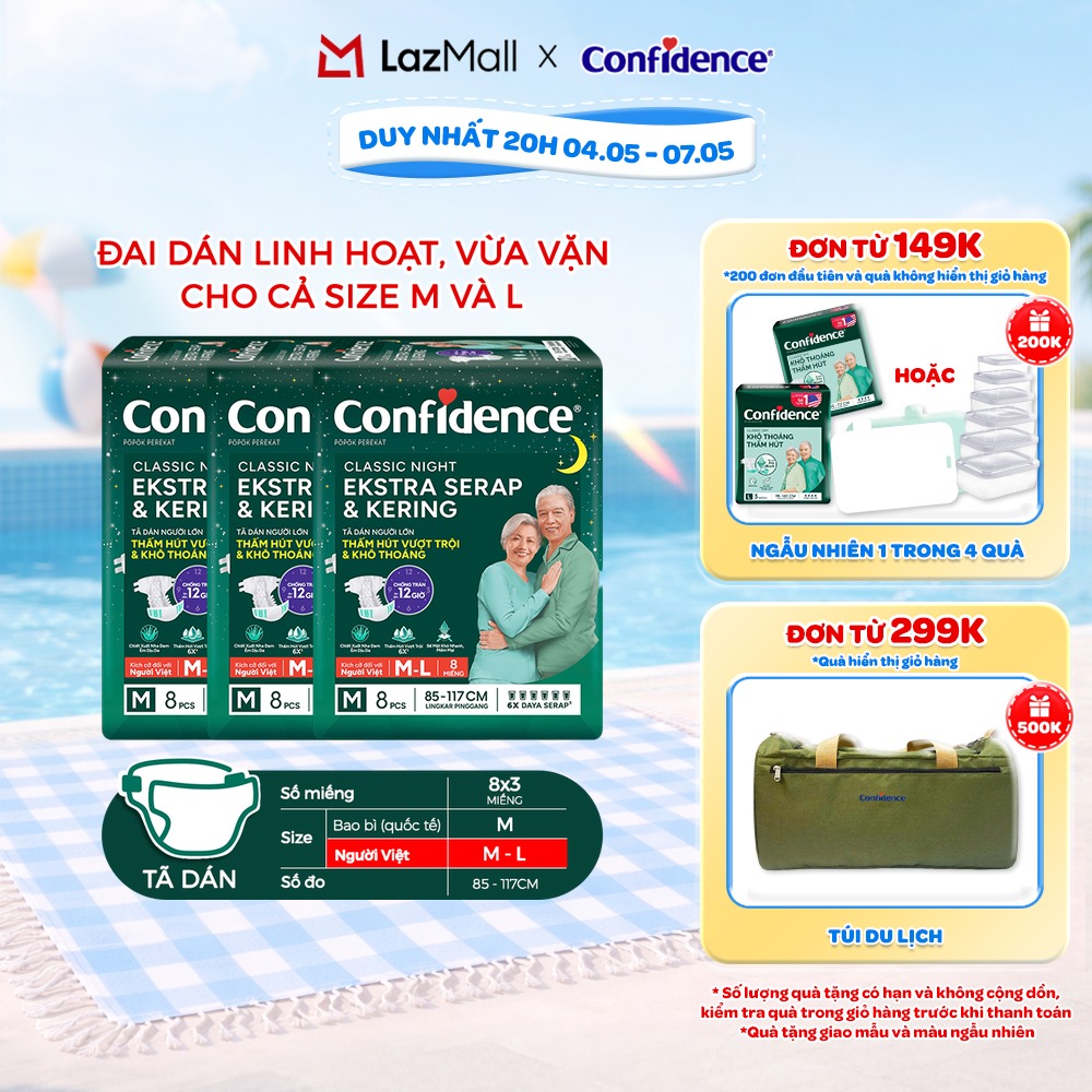Combo 3 Tã dán ngưới lớn Confidence Thấm Hút Vượt Trội  Khô Thoáng M-L 8M/L-XL 7M