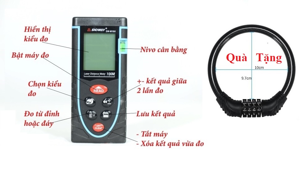 Thước đo khoảng cách bằng tia laser SNDWAY SW-M100 cự ly 100m Tặng 1 khóa dây 4 số
