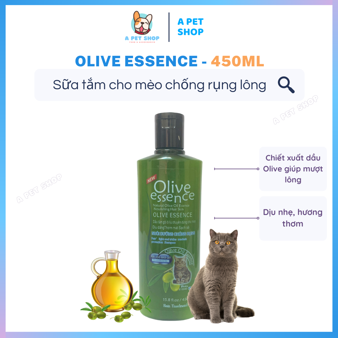 Sữa Tắm Cho Mèo OLIVE ESSENCE 450ml Nuôi Dưỡng, Chống Rụng Giúp Mượt Lông Dịu Nhẹ Hương Thơm Sạch Sẽ A Pet Shop
