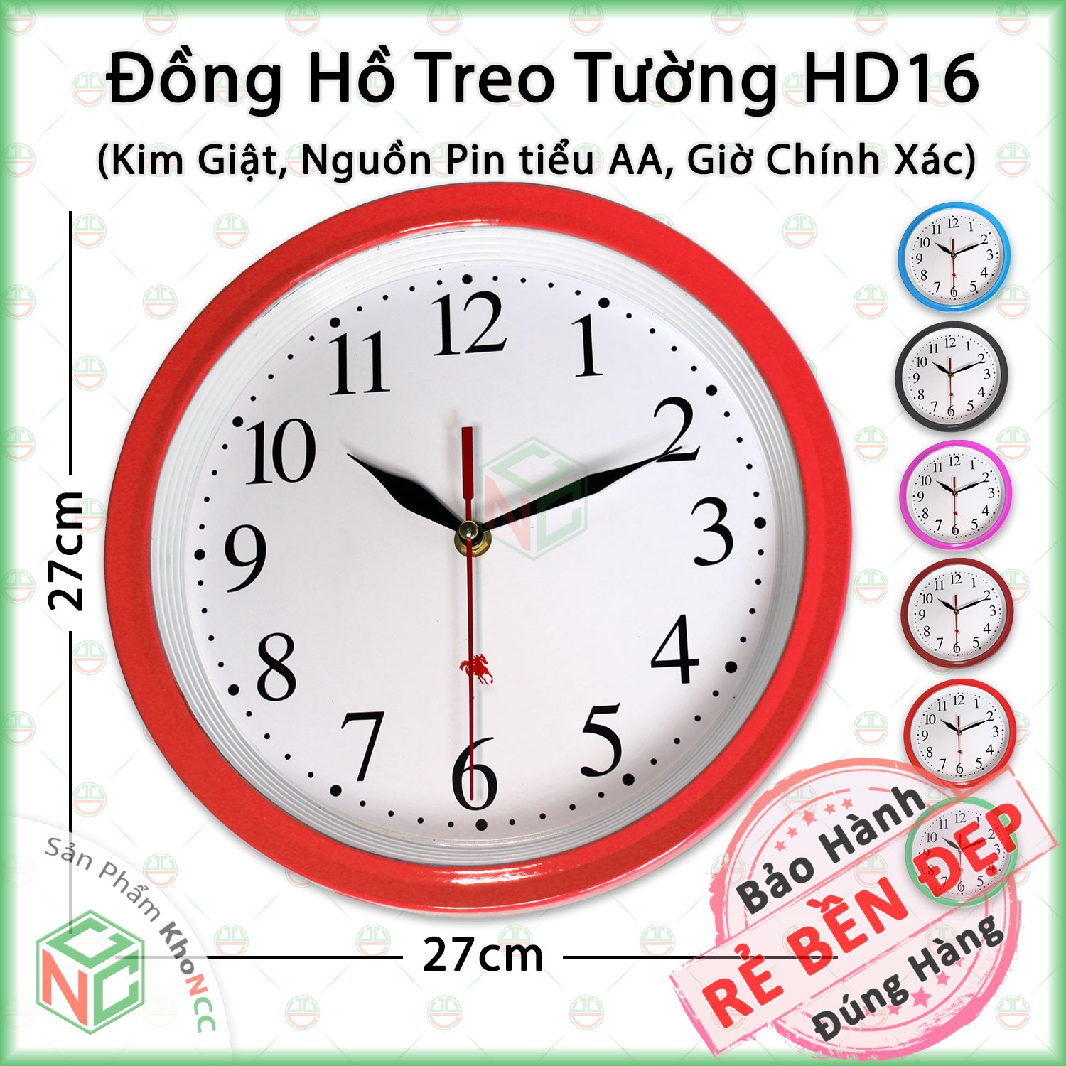 [KhoNCC] Đồng Hồ Treo Tường HD16 Kim Giật Mặt Tròn Nền Trắng Giá Rẻ - NDHQL-HD16-D1 (Nhiều màu)