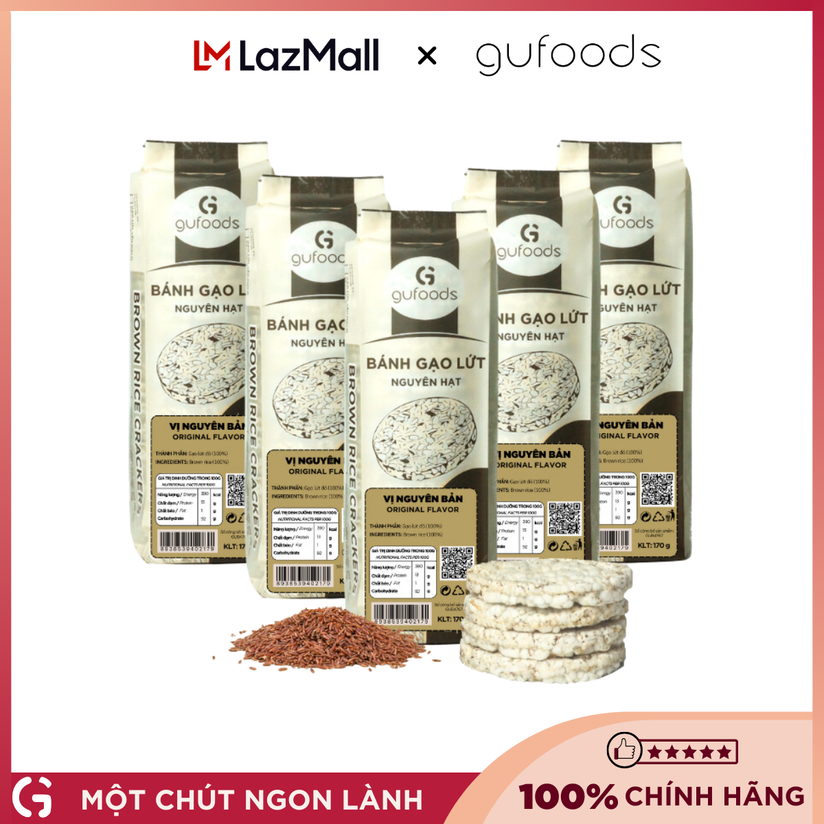 Combo 5 gói Bánh gạo lứt ăn kiêng GUfoods - Không chiên dầu, Phù hợp Eat clean, Tập Gym, Ăn Healthy, Thuần chay
