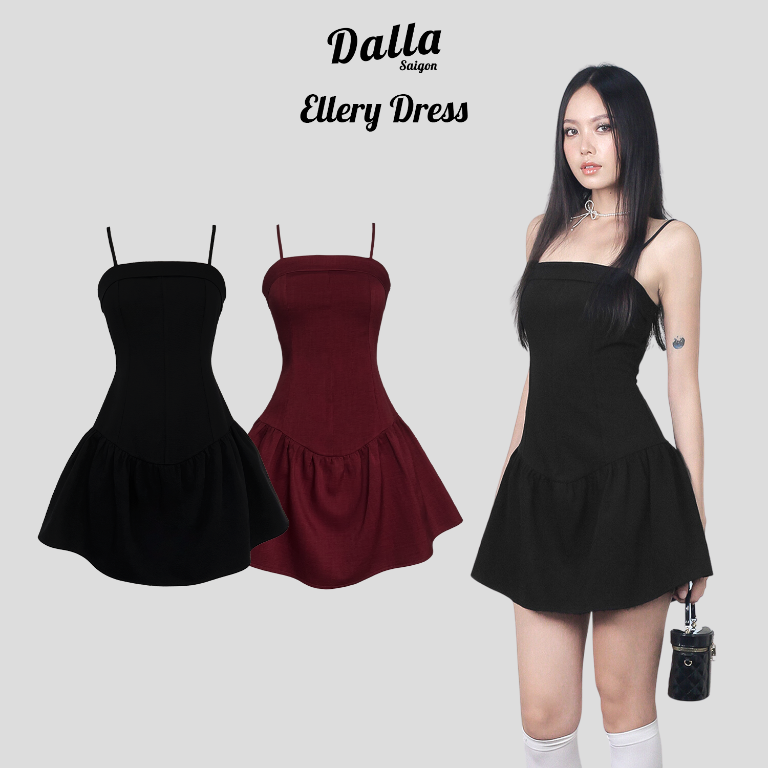 DALLA Đầm dây phồng cúp ngực cổ ngang