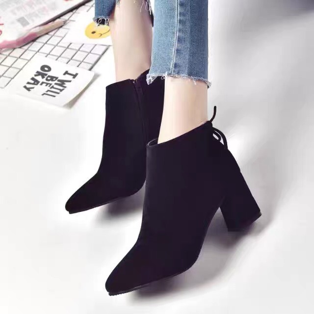 Giày bốt nữ/boots da lộn đế vuông 5cm thắt nơ viền khóa sườn cực đẹp, bốt thời trang da lộn lót nỉ cực xinh