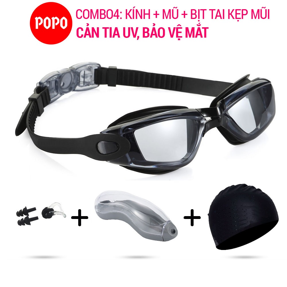 Kính bơi + Mũ bơi + Bịt tai kẹp mũi POPO 2360 mắt trong (Combo 4 sản phẩm) Kính bơi chống tia UV, Mũ bơi trơn chống nước, Bịt tai kẹp mũi ngăn nước