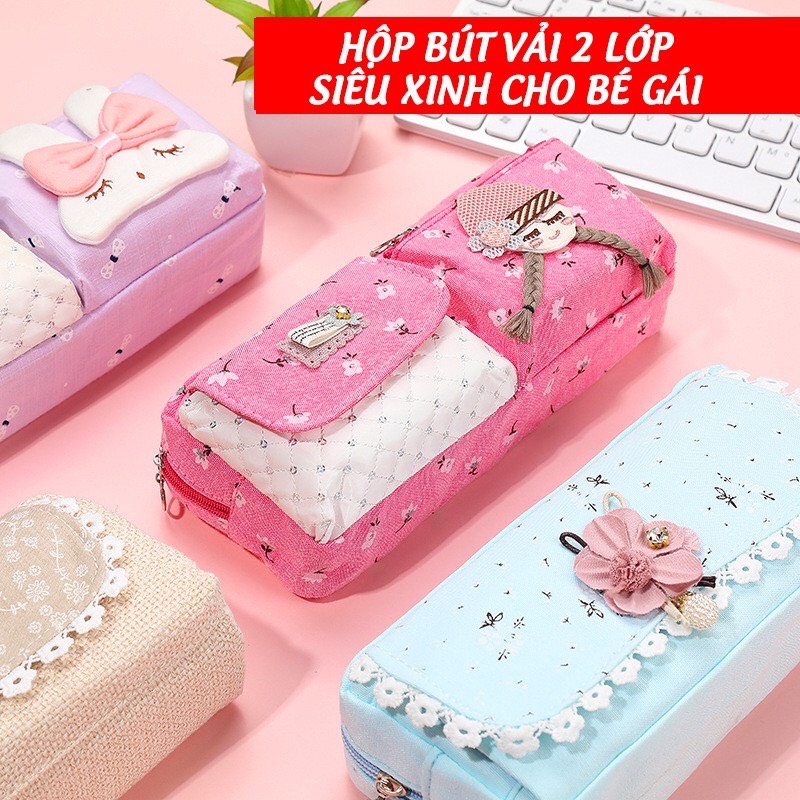 Hộp đựng bút trẻ em vải 2 lớp cho bé gái siêu ngộ nghĩnh