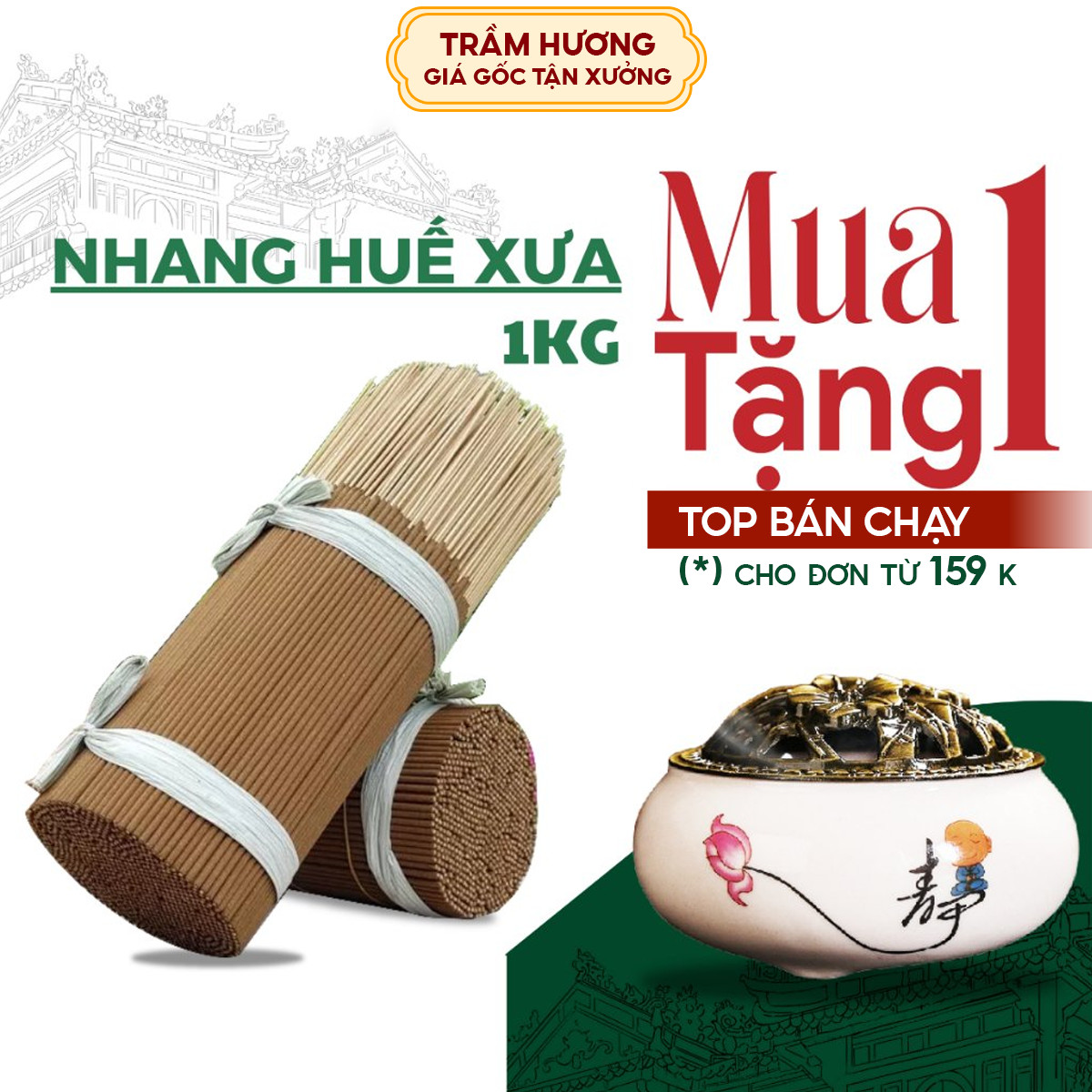 Nhang thắp hương, nhang trầm hương sạch nguyên chất dài 38cm cháy lâu 1 ký 600 cây chân mộc trầm hương huế xưa