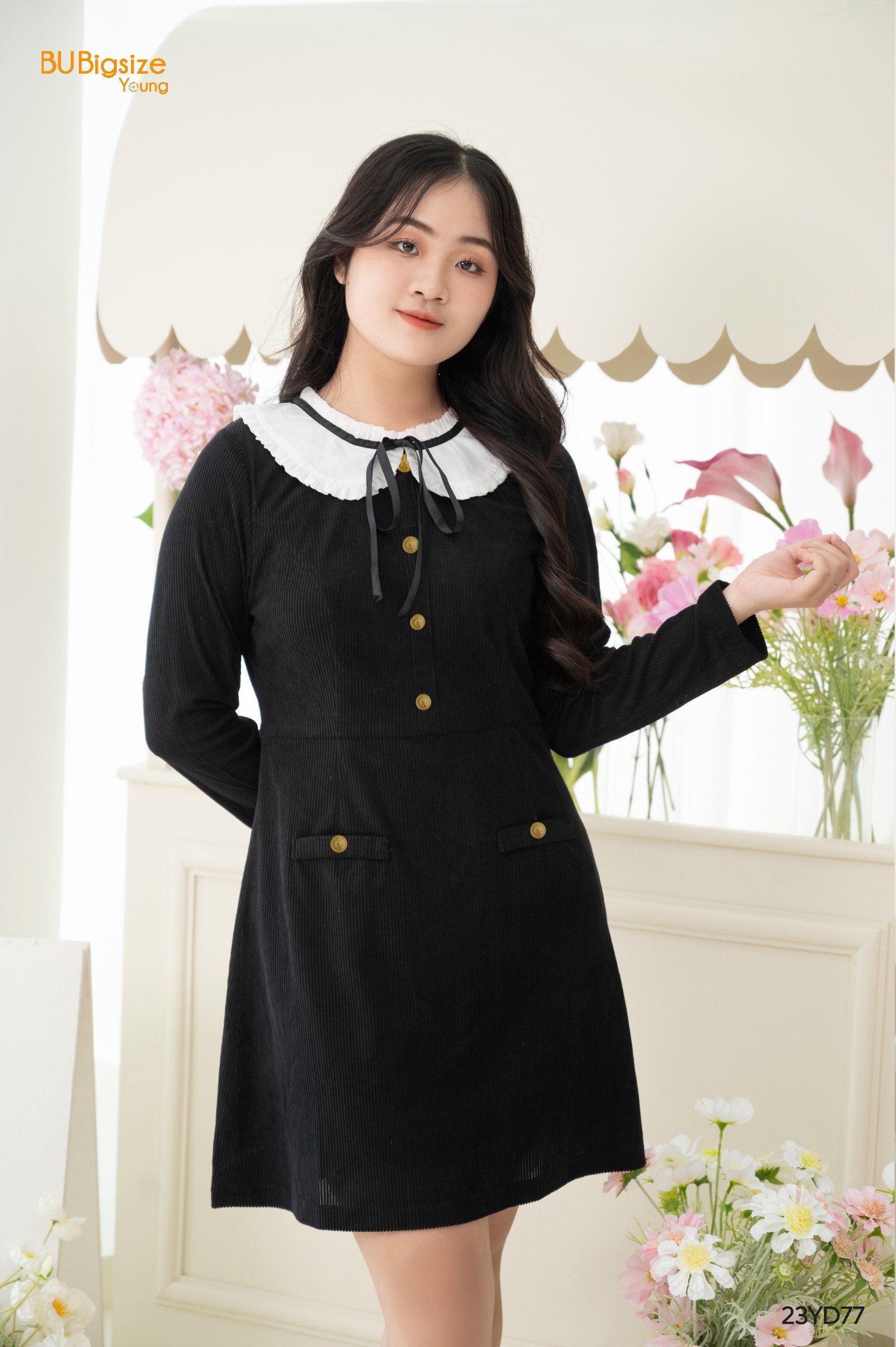 Đầm nhung tăm nẹp cúc phối cổ bèo trắng bigsize - 23yd77 -