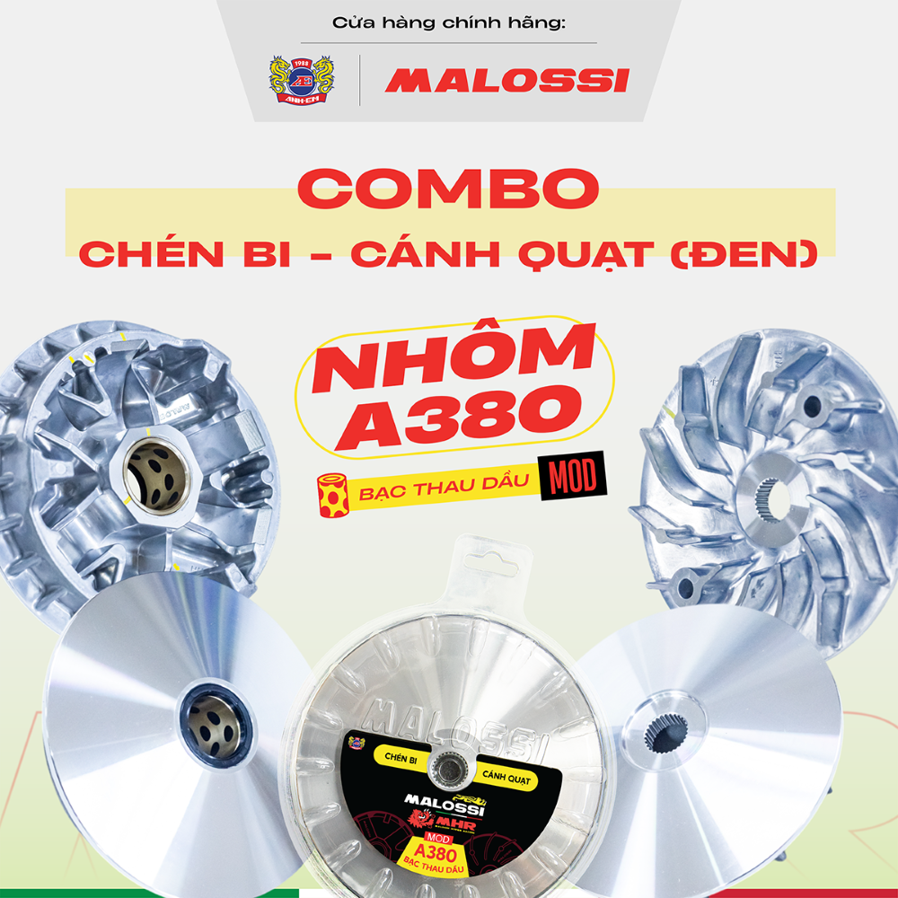 Combo Nồi tay ga chén bi cánh quạt nhôm A380 bạc thau dầu mod bẻ độ Malossi tem màu đen dành cho Honda