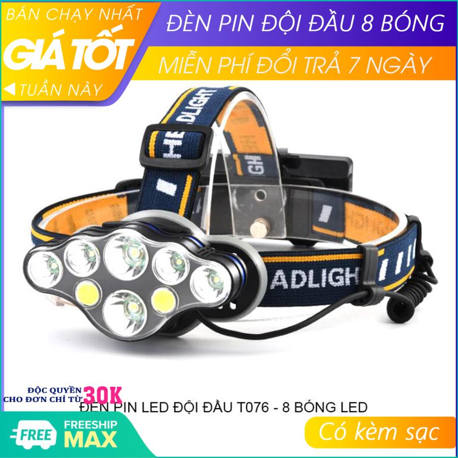 Đèn pin đội đầu 8 bóng - Đèn pin đội đầu siêu sáng - Đèn pin đội đầu- Tặng kèm pin sạc + Dây sạc - Hỗ trợ đổi trả 7 ngày