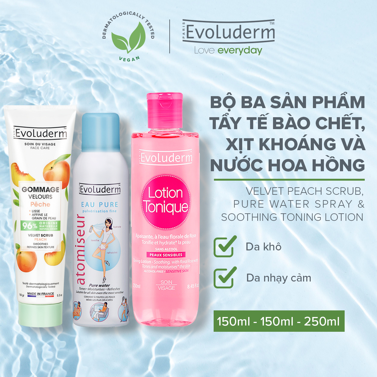 Bộ 3 sản phẩm cấp ẩm dưỡng da và tẩy tế bào chết dành cho mặt Evoluderm