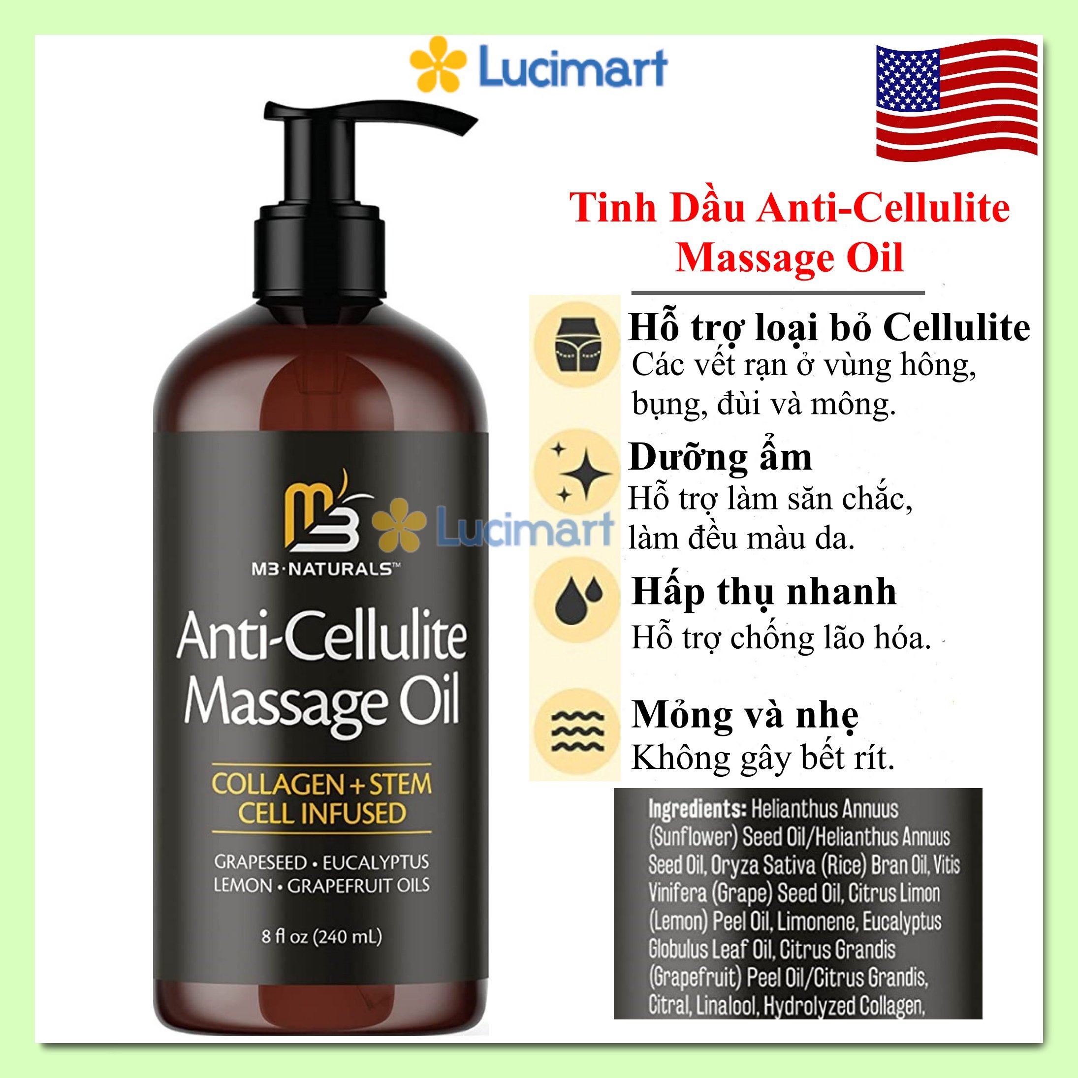 Tinh Dầu Massage Body M3 Naturals Anti Cellulite Massage Oil Collagen Stem Cell Infused giúp săn chắc da chai 240ml
