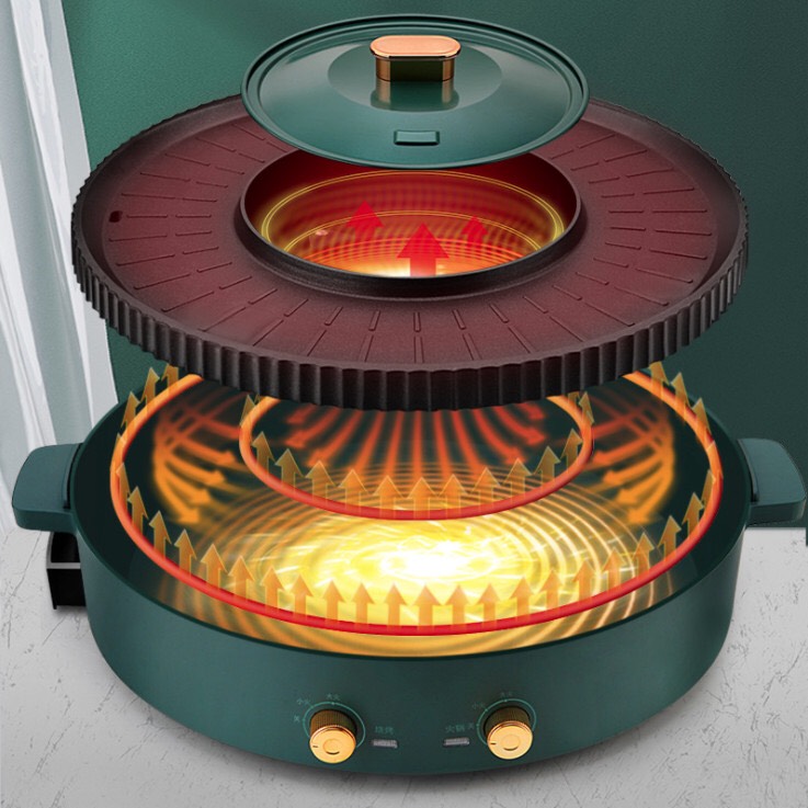 Bếp lẩu nướng bbq đa năng aoran kết hợp 2 trong 1 màu xanh công suất lớn 2200w