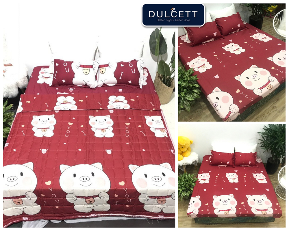 Bộ chăn phao 5 món cotton blend mẫu heo đỏ P7 ( Gồm 1 ga 1 chăn đã chần phao dầy 2 vỏ gối 1 vỏ gối ôm )
