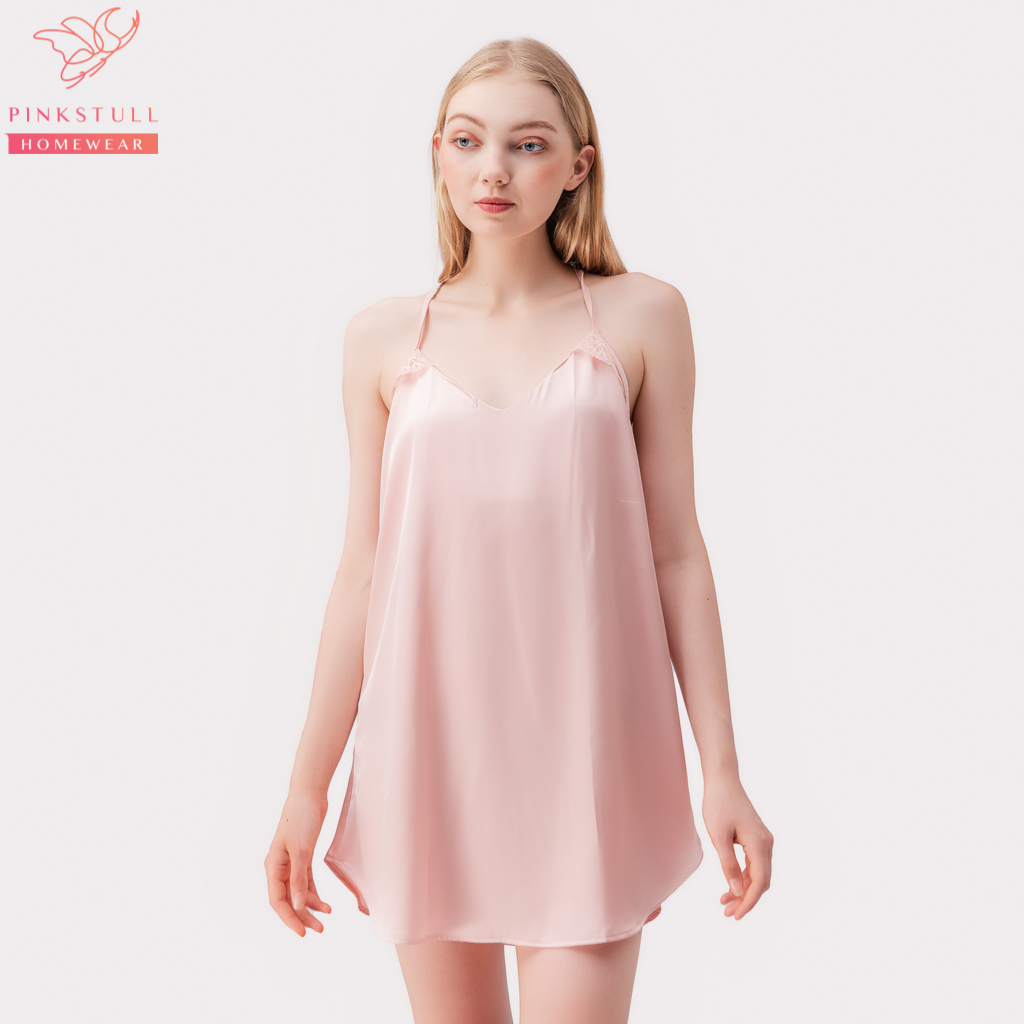 Váy ngủ lụa hai dây Pink Stull ren lưng 3 màu:hồng pastel-đen-xanh coban