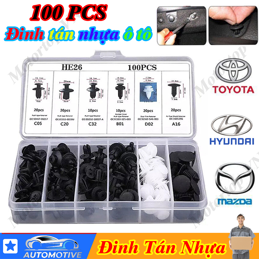 100 cái chắn bùn cửa cản xe hơi đinh tán giữ xe đinh tán bằng nhựa kẹp chốt tự động bộ chốt xe hơi, ốc vít đinh tán ô tô bộ giữ xe