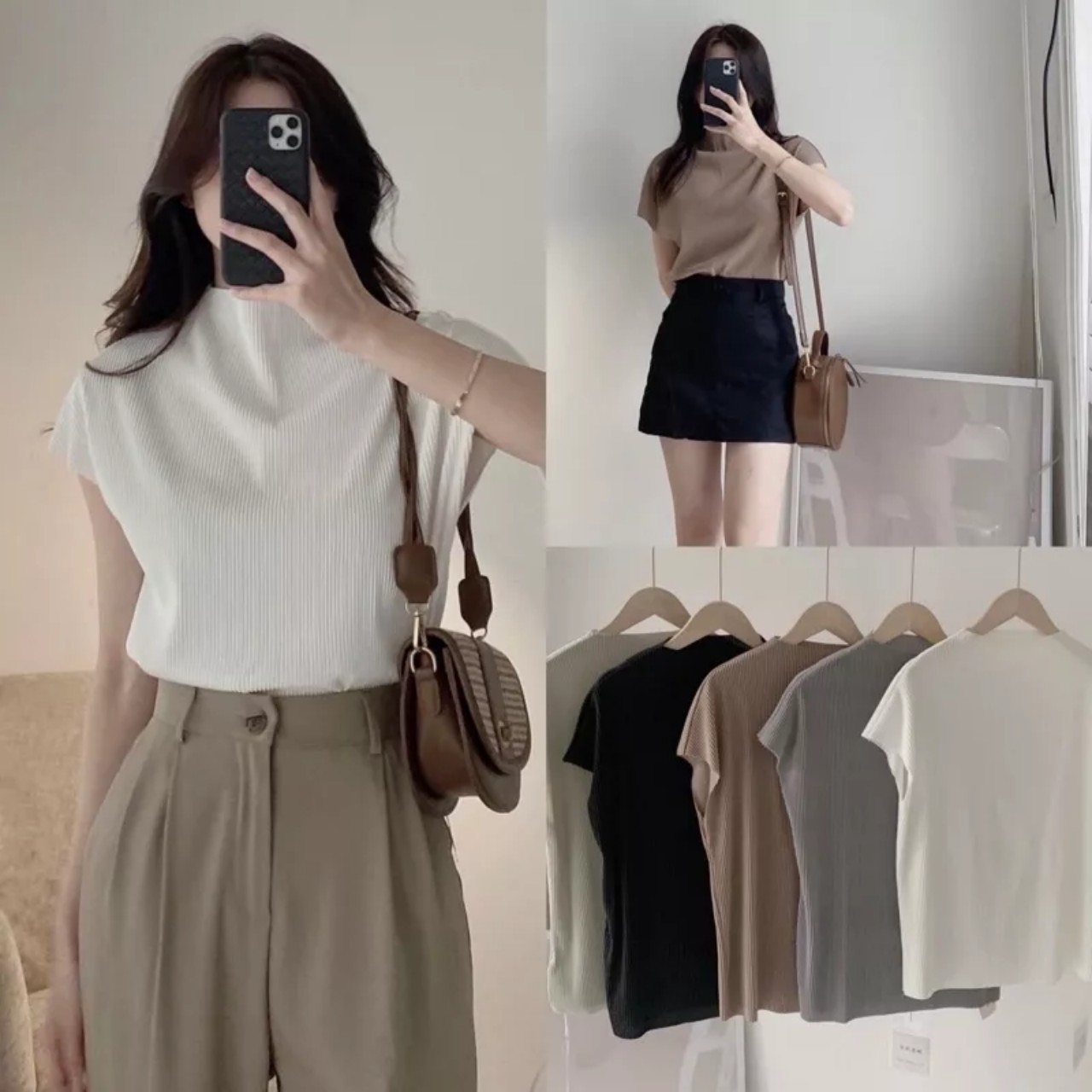 Áo thun nữ cổ tròn tay hến xốp gân áo phông nữ cổ tròn cộc tay cá tính