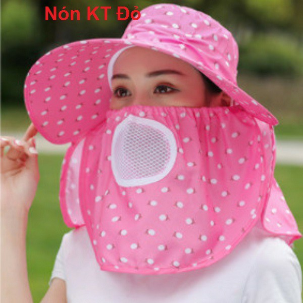 Mũ Chống Nắng Nữ Mùa Hè Vành Rộng, Nón Đi Nắng , Che Mặt Có Khẩu Trang, Kẻ Kaki Thoáng Khí