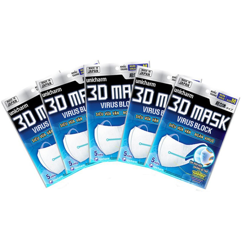 Bộ 6 gói khẩu trang ngăn virút Unicharm 3D Mask Virus Block Made in Japan