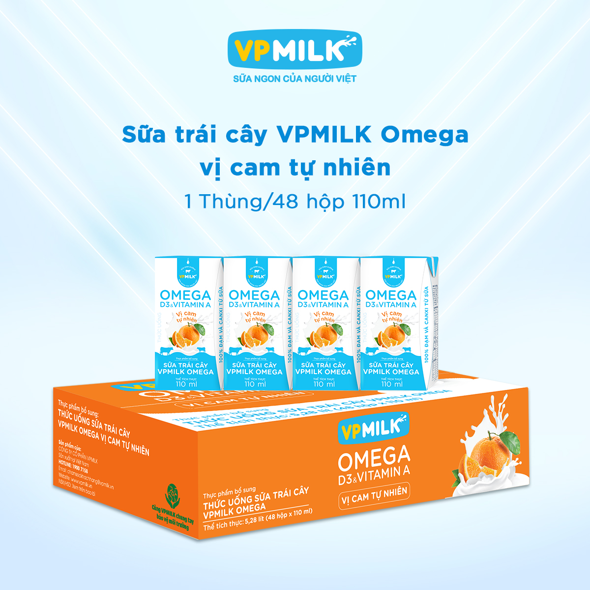 [Thùng 48 hộp 110ml] Sữa trái cây VPMILK Omega vị CAM tự nhiên dành cho bé trên 1 tuổi