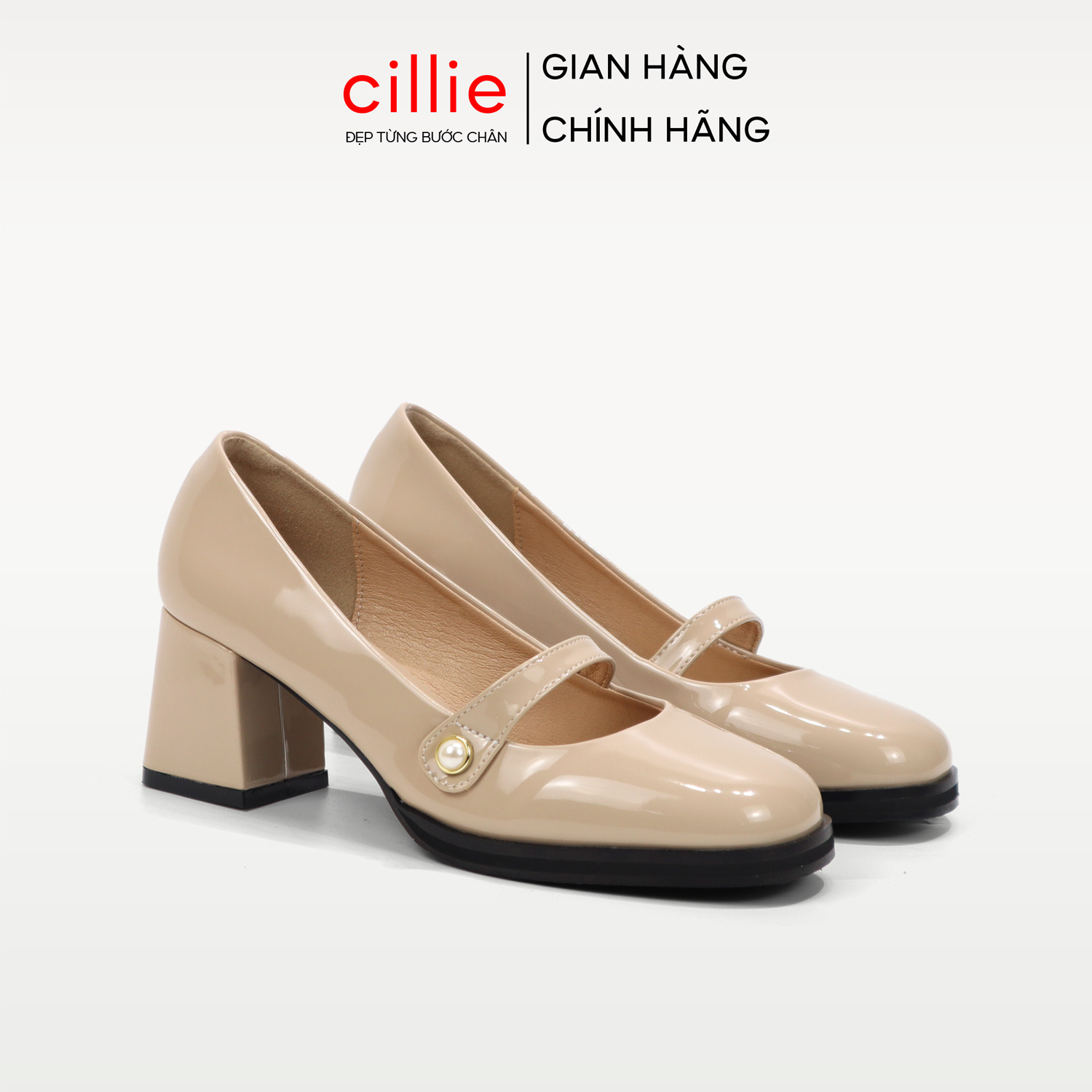 Giày cao gót cillie kiểu dáng mary jane da bóng gót vuông mũi tròn 1128