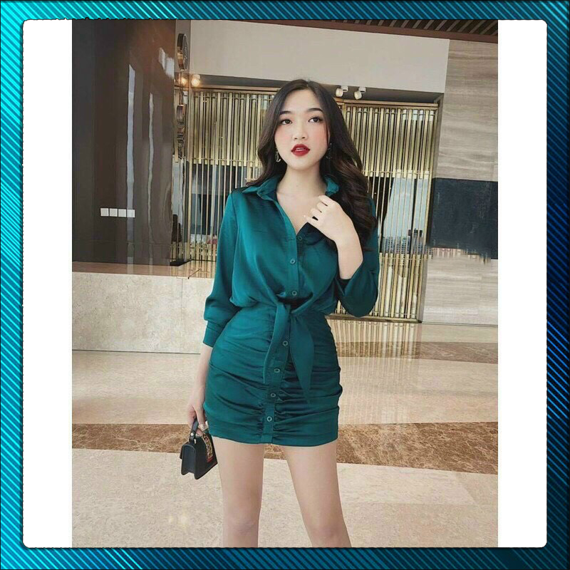 [ Đầm Đẹp ] Set Áo Sơ Mi Cài Nút Cột Nơ Kèm Chân Váy Có Lót Mềm - Thời Trang Hoa Anh Đào - Onesize 40-52kg
