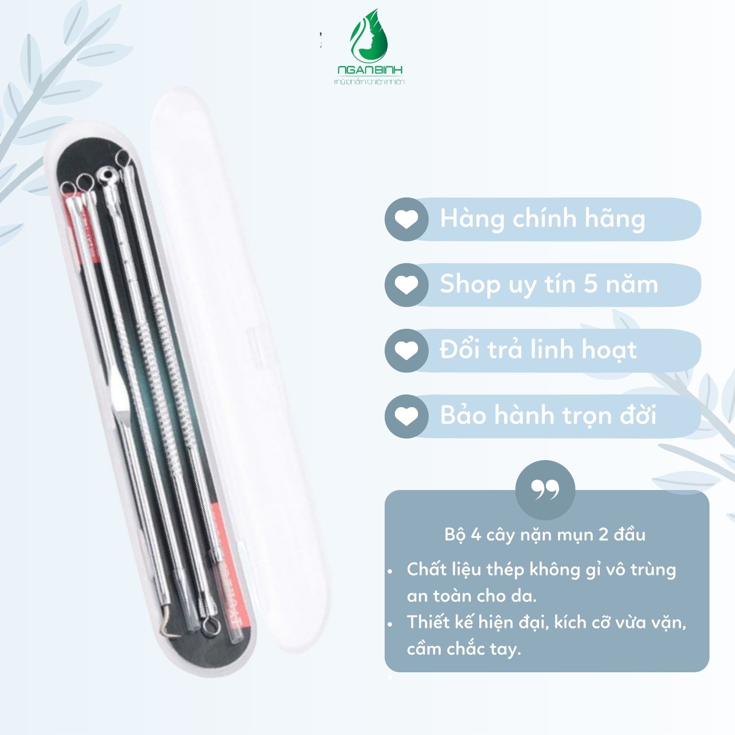 Bộ 4 cây nặn mụn đầu đen chuyên nghiệp trong spa,dụng cụ cây nặn mụn 2 đầu cao cấp