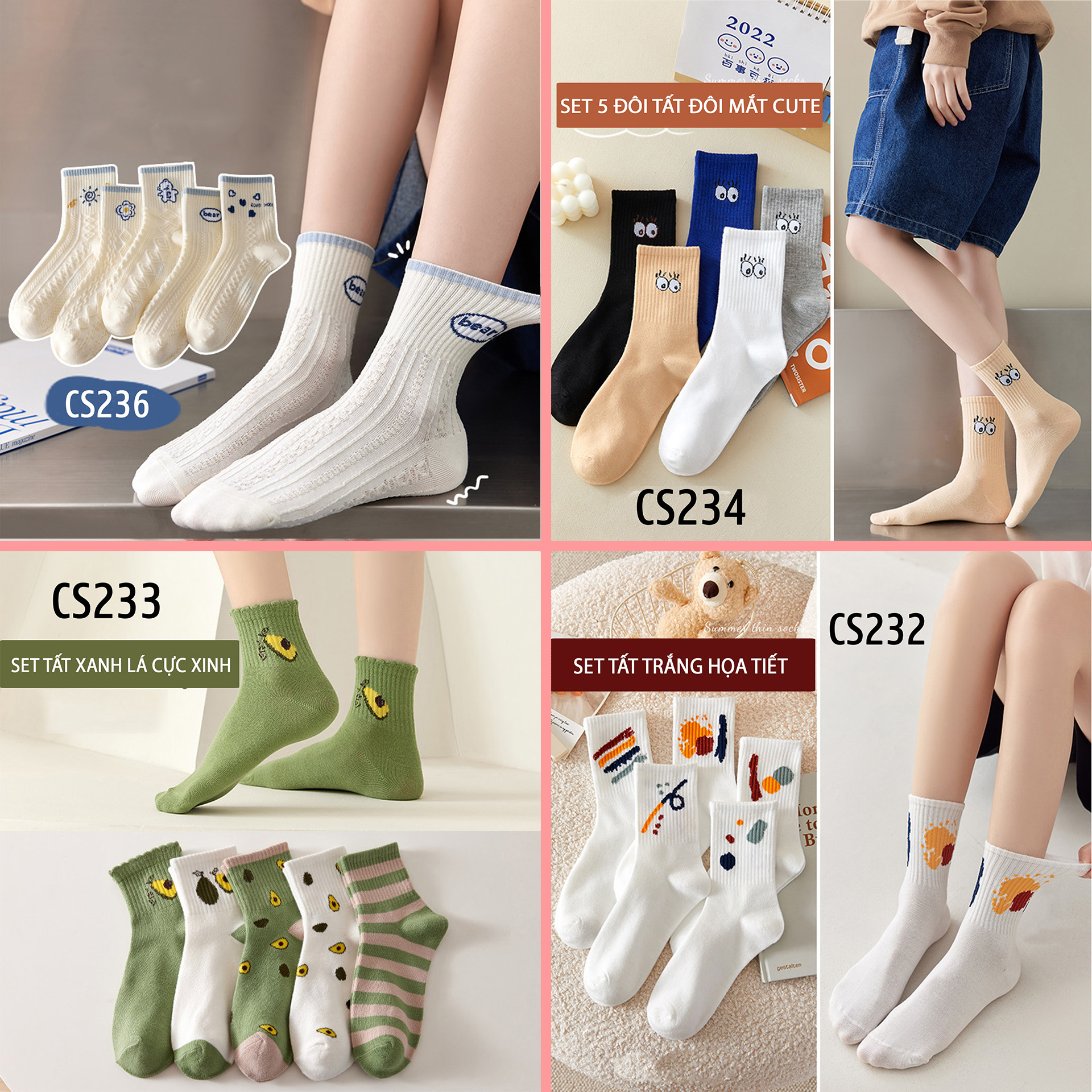 Combo 5 đôi tất vớ nữ cao cổ họa tiết dễ thương phong cách Hàn Quốc siêu xinh
