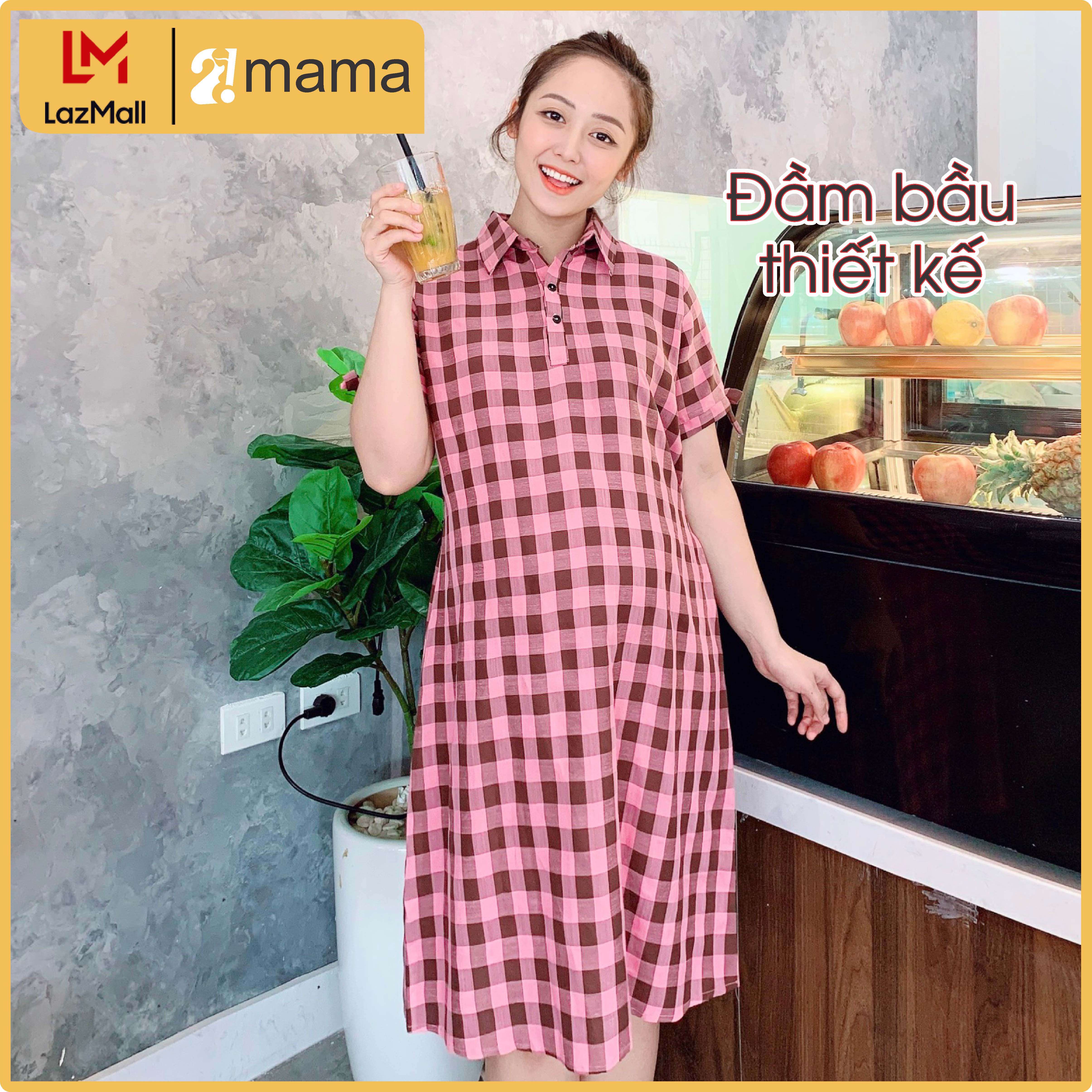 Đầm bầu dự tiệc 2MAMA dáng suông kẻ ô màu sọc hồng vàng V73