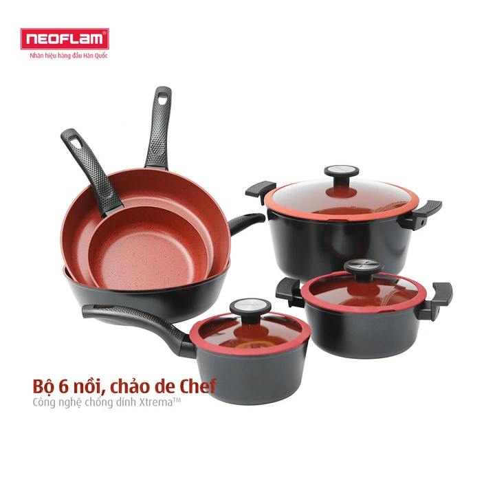 [HÀNG CHÍNH HÃNG] Bộ 6 nồi chảo chống dính bếp từ deChef Neoflam Hàn Quốc. Bao gồm 03 nồi sâu chống dính đề từ 18cm, 20cm, 28cm I 02 chảo chiên chống dính 20cm,28cm I 01 chảo xào chống dính sâu lòng 28cm (Màu đỏ)