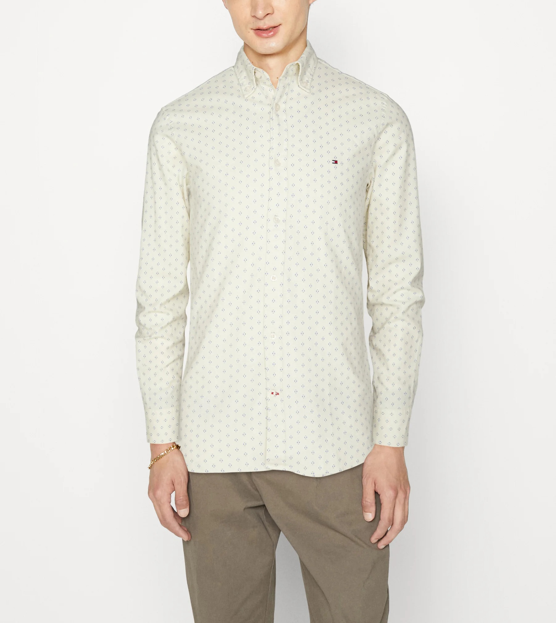 Áo sơ mi nam Tommy Hilfiger tay dài Slimfit trắng kem phối chính hãng xách tay mỹ