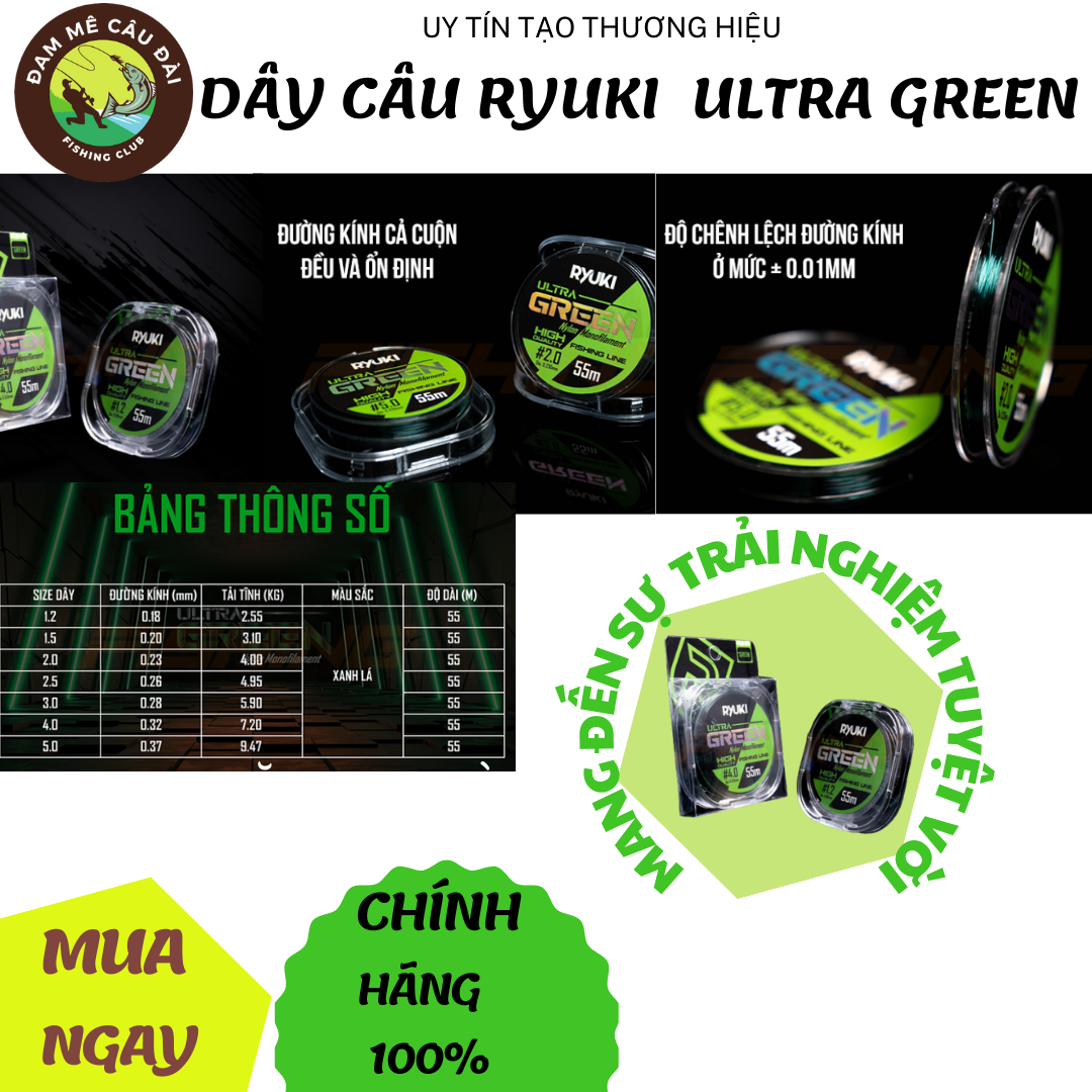 Dây Câu RYUKI Ultra Green 55m, cước trục câu cá, cước câu cá chính hãng