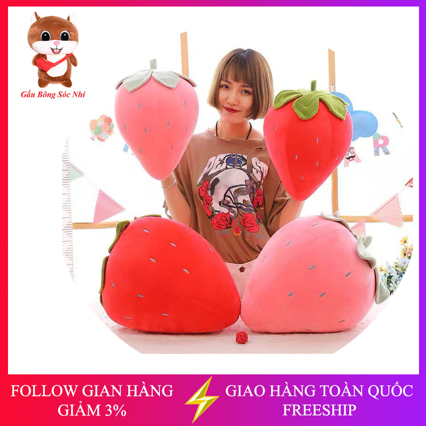 Gấu bông gối ôm quả dâu tây vải nhung co giãn 4 chiều 💥 Gấu Bông Sóc Nhí