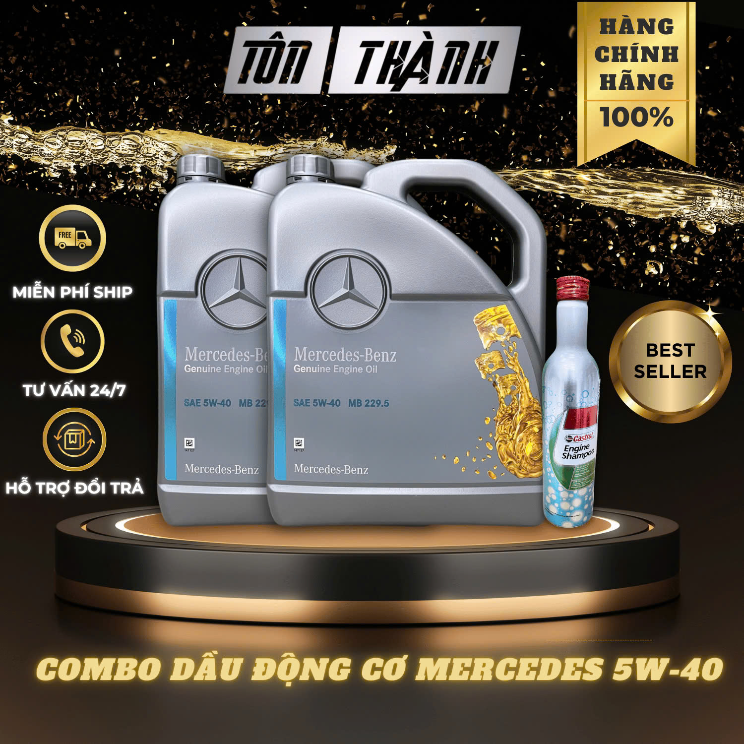 [ Combo bảo dưỡng ] 2 Bình nhớt xe hơi cao Mercedes Benz 229.5 5W40 (5 Lít) + Súc động cơ Castrol