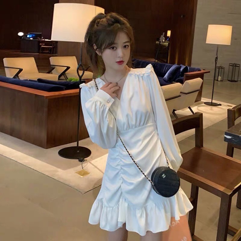 Đầm dự tiệc - đầm body cổ chữ V nhún váy rút đuôi cá tay dài dịu xinh xắn
