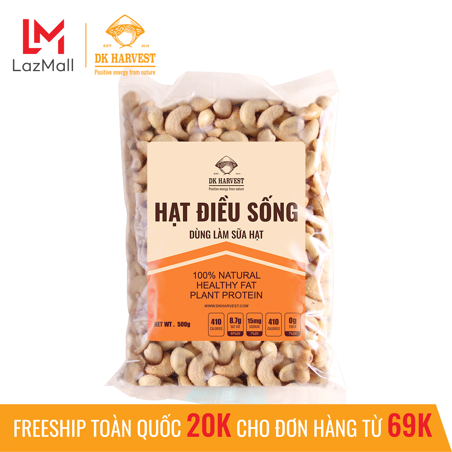 Nhân Hạt Điều Sống Nguyên Hạt Dùng Làm Sữa Hạt DK Harvest - Túi 500g, hạt điều sống, hạt điều tách vỏ, hạt điều dùng làm sữa, hạt dinh dưỡng cao cấp, hạt nấu sữa