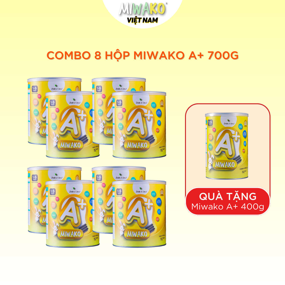 Bộ 8 lon sữa thực vật hữu cơ miwako a+ 700g nhập khẩu chính hãng từ malaysia cho trẻ từ 1 tuổi