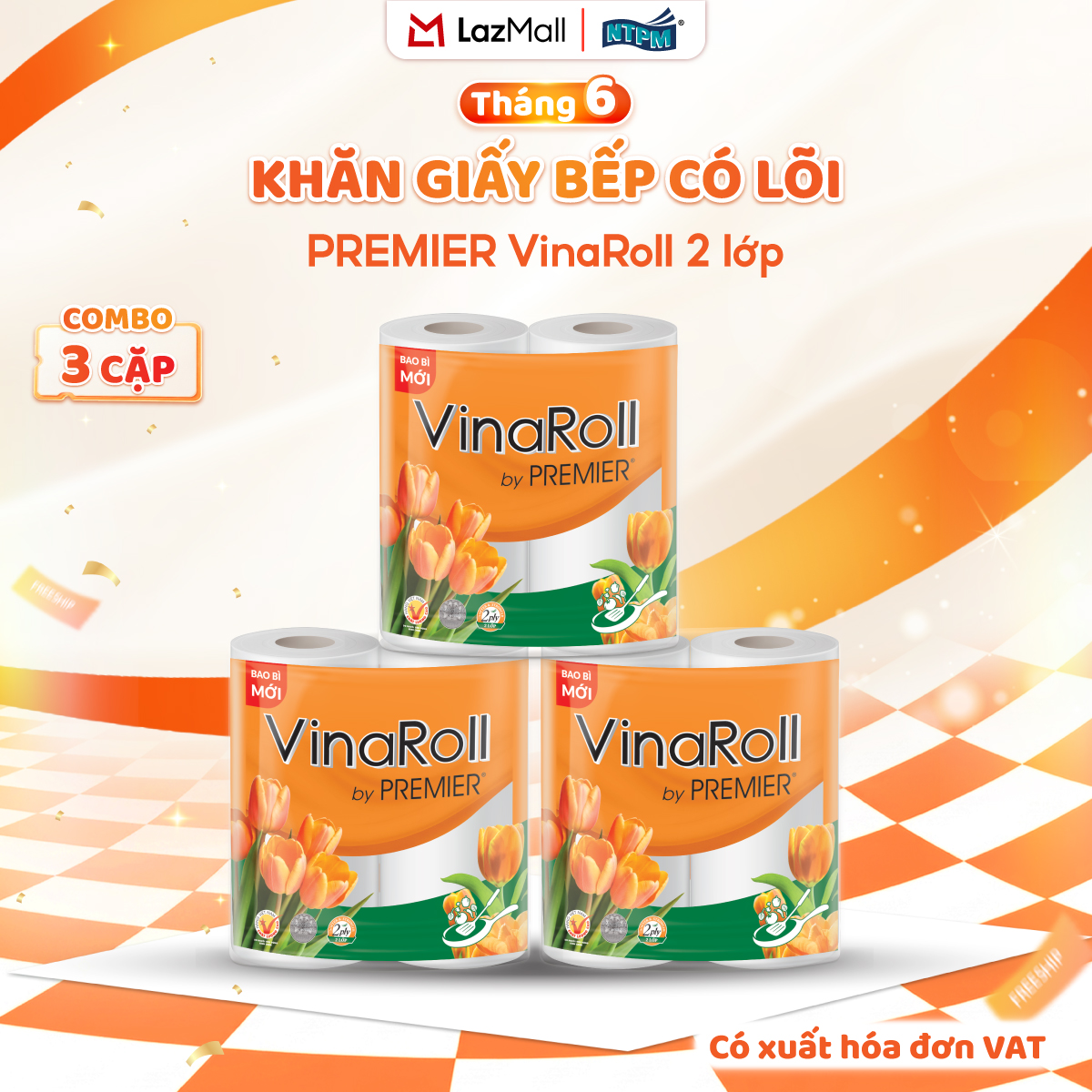 [COMBO 3 LỐC] Khăn giấy bếp PREMIER VinaRoll, 2 lớp – 100% bột giấy nguyên sinh, không chất tẩy, 2 cuộn/lốc – Chính hãng