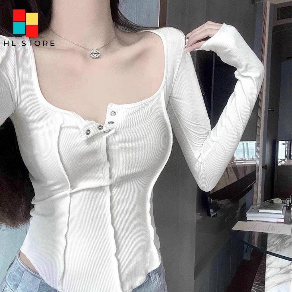 Áo kiểu thun gân tay dài vạt bầu nút bấm cực xinh chất thun gân mềm mịn co giãn, Áo body dài tay cổ vuông sexy, khuy dài tay vạt bầu