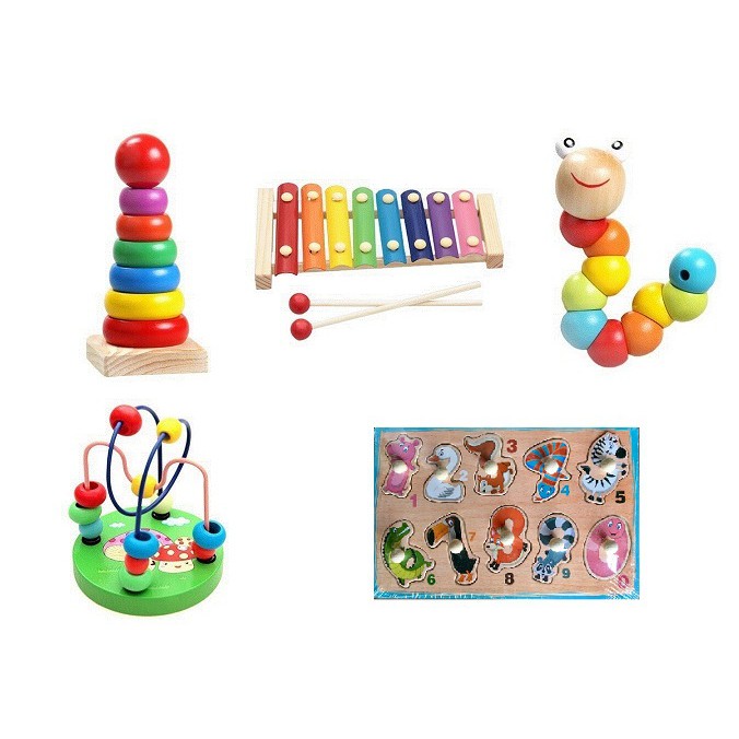 Sét combo 5 món đồ chơi gỗ phát triển tư duy - núm số - sâu - luồn hạt - đàn - cầu vồng