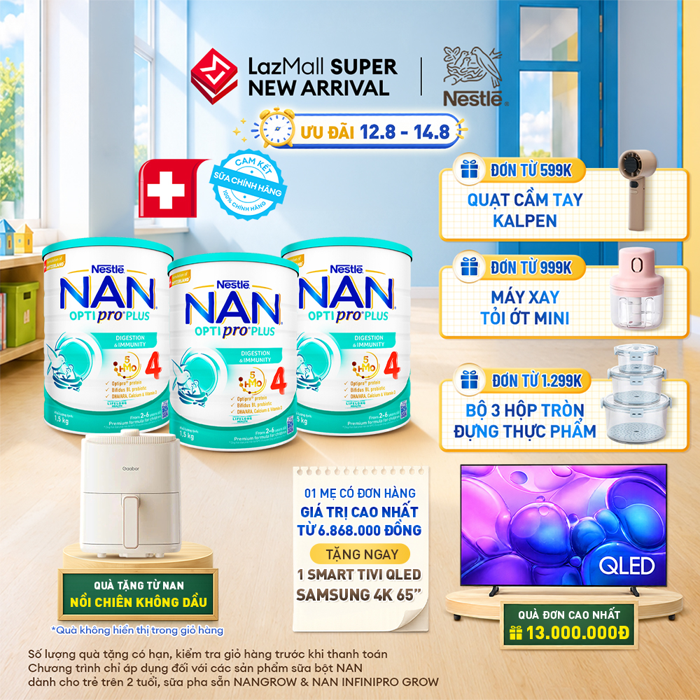 [CHỈ 12-14.08 QT ĐƠN 599K/999K/1299K] [Tặng Nồi chiên không dầu Gaabor] Bộ 3 lon Sữa bột Nestlé NAN OPTIPRO PLUS 4 1500g/lon với 5HMO Giúp tiêu hóa tốt